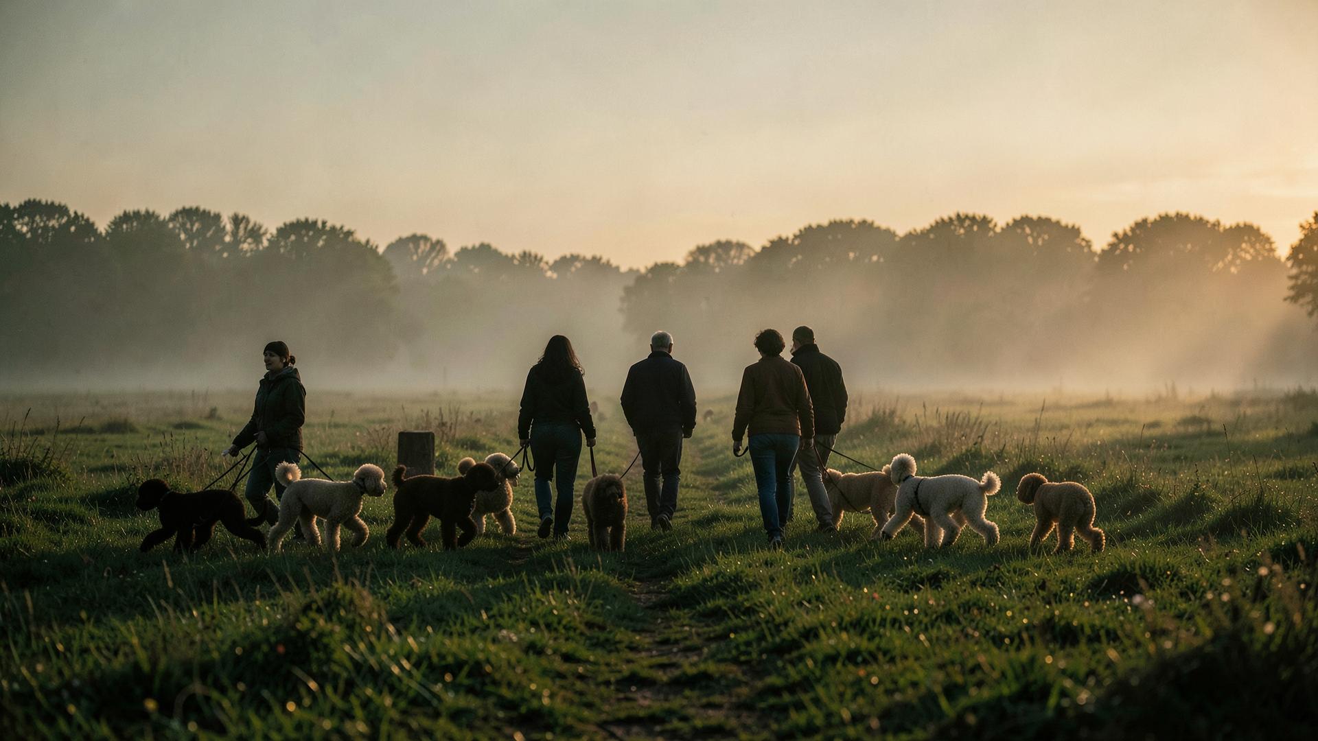 Gruppe af mennesker på tur med deres pudler i et dansk landskab ved solnedgang